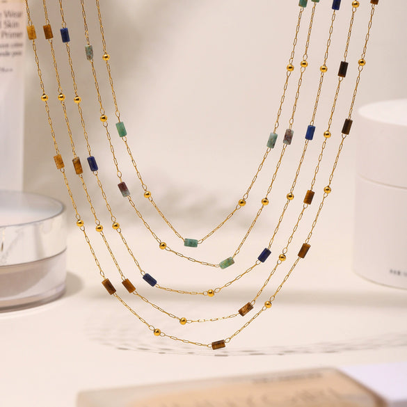 Wholesale Handmade Beaded Necklace For Women Ferris Wheel Design With Geometric Lapis Lazuli Pendant Stainless Steel Tiger Eye Stone Chain Gold Plated