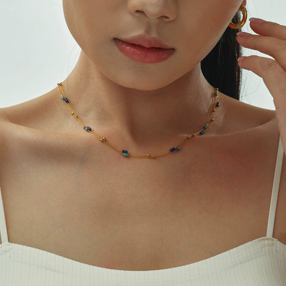 Wholesale Handmade Beaded Necklace For Women Ferris Wheel Design With Geometric Lapis Lazuli Pendant Stainless Steel Tiger Eye Stone Chain Gold Plated