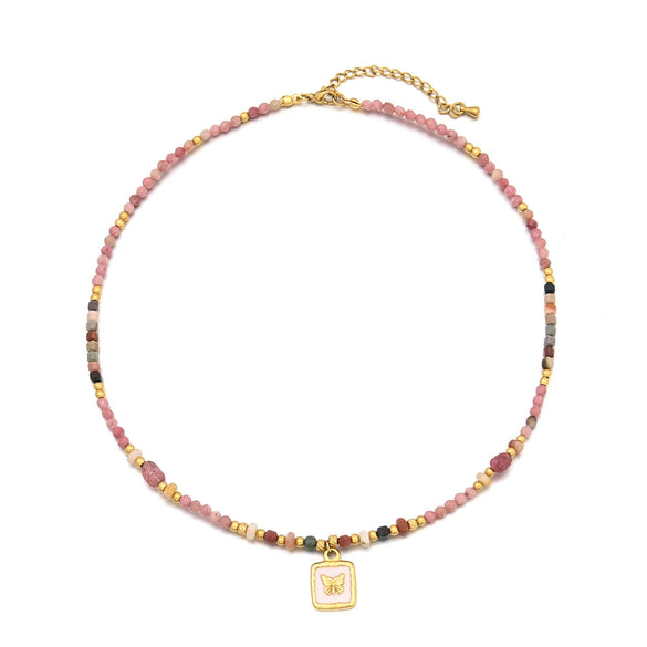 Wholesale Handmade Beaded Necklace With Red Stripe Stone And Butterfly Pendant In Retro Style For Women