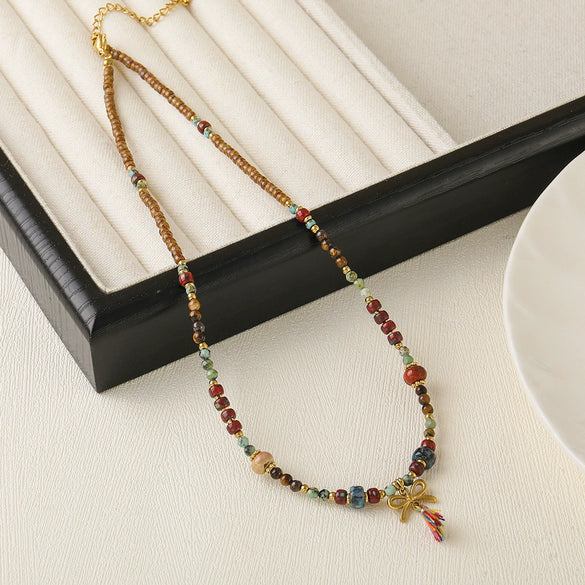 Wholesale Handmade Beaded Necklace With Red Stripe Stone And Butterfly Pendant In Retro Style For Women