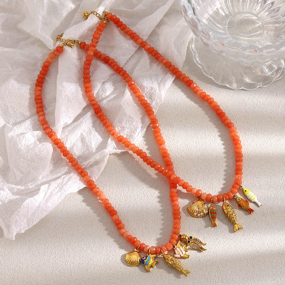 Wholesale Handmade Beaded Stainless Steel Electroplated 18K Gold Geometric Red Agate Marine Life Pendant Necklace For Women