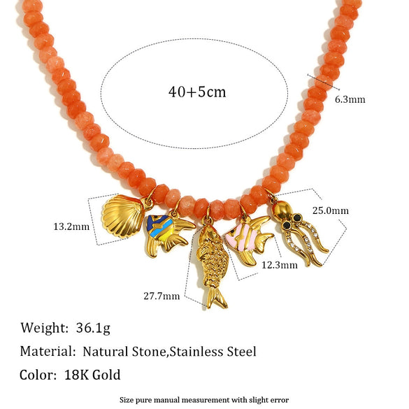 Wholesale Handmade Beaded Stainless Steel Electroplated 18K Gold Geometric Red Agate Marine Life Pendant Necklace For Women