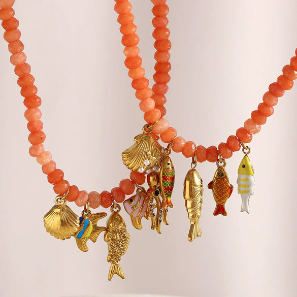Wholesale Handmade Beaded Stainless Steel Electroplated 18K Gold Geometric Red Agate Marine Life Pendant Necklace For Women