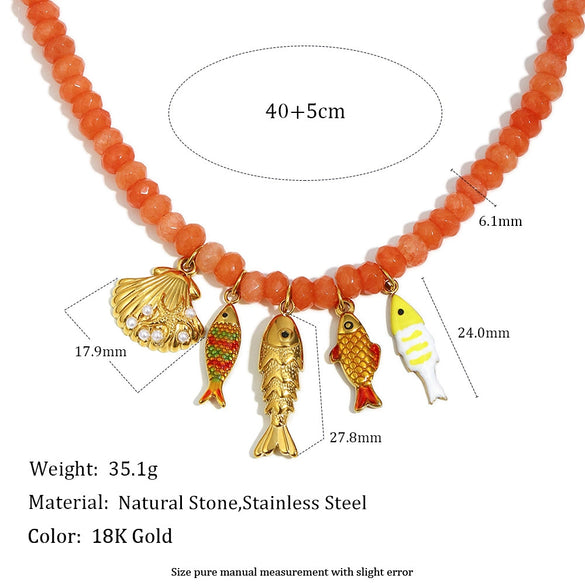 Wholesale Handmade Beaded Stainless Steel Electroplated 18K Gold Geometric Red Agate Marine Life Pendant Necklace For Women
