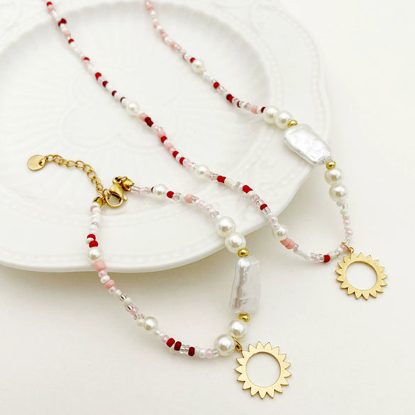 Wholesale Handmade Beaded Titanium Steel Necklace And Bracelet Set For Women With Stars Sun Moon Clouds Universe Pattern And Electroplating Treatment