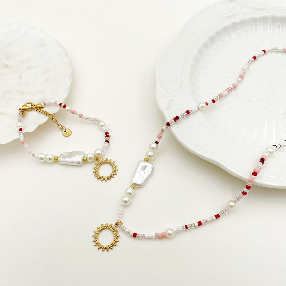Wholesale Handmade Beaded Titanium Steel Necklace And Bracelet Set For Women With Stars Sun Moon Clouds Universe Pattern And Electroplating Treatment