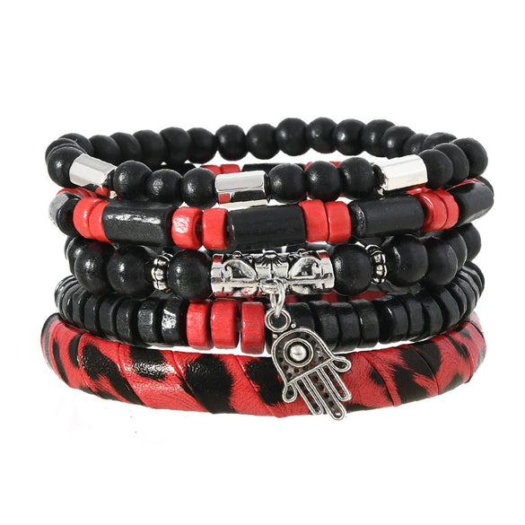 Wholesale Handmade Bohemian Style Geometric Wood Beaded Bull Head Palm Elastic Rope Bracelet Fivepiece Set Unisex