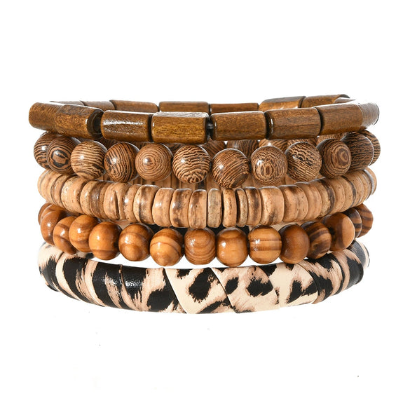 Wholesale Handmade Bohemian Style Geometric Wood Beaded Bull Head Palm Elastic Rope Bracelet Fivepiece Set Unisex
