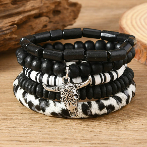 Wholesale Handmade Bohemian Style Geometric Wood Beaded Bull Head Palm Elastic Rope Bracelet Fivepiece Set Unisex