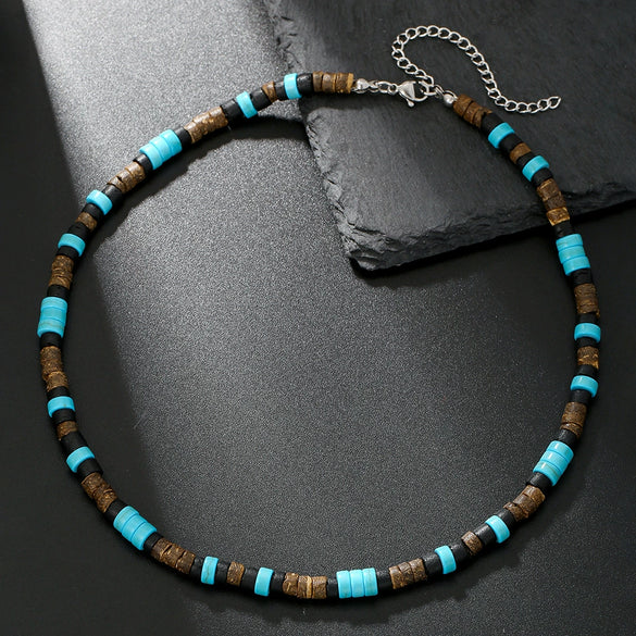 Wholesale Handmade Coconut Shell And Green Aventurine Geometric Pattern Unisex Necklace
