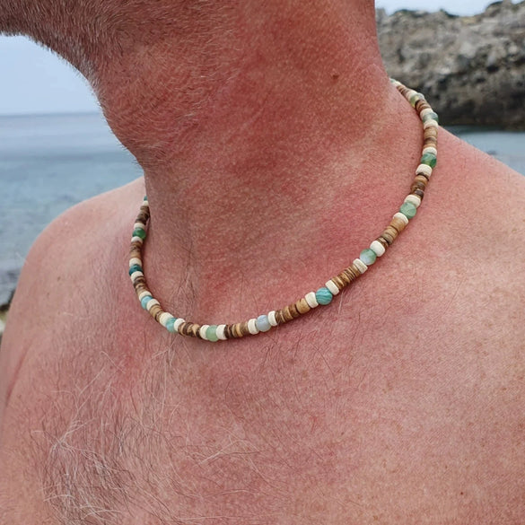 Wholesale Handmade Coconut Shell And Green Aventurine Geometric Pattern Unisex Necklace