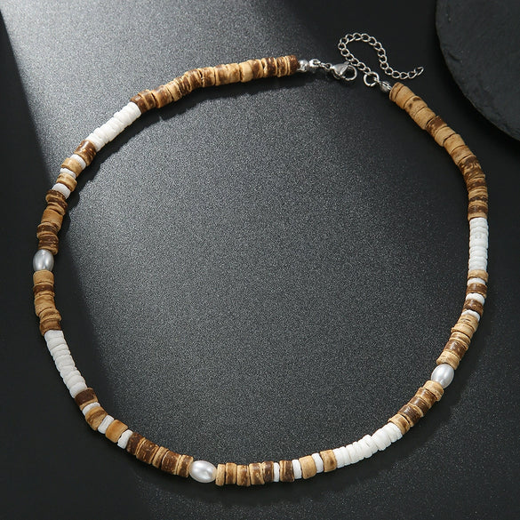 Wholesale Handmade Coconut Shell And Green Aventurine Geometric Pattern Unisex Necklace