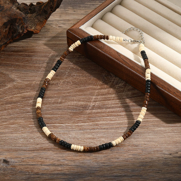 Wholesale Handmade Coconut Shell And Green Aventurine Geometric Pattern Unisex Necklace