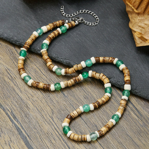 Wholesale Handmade Coconut Shell And Green Aventurine Geometric Pattern Unisex Necklace