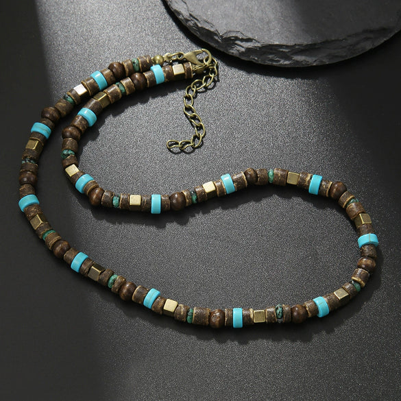 Wholesale Handmade Coconut Shell And Green Aventurine Geometric Pattern Unisex Necklace