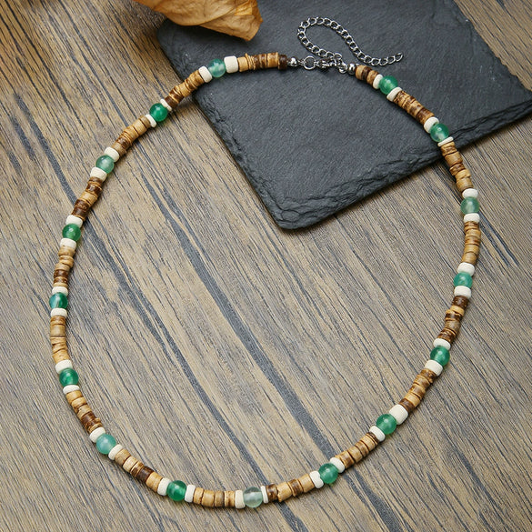 Wholesale Handmade Coconut Shell And Green Aventurine Geometric Pattern Unisex Necklace