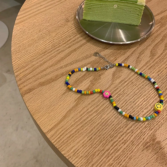 Wholesale Handmade Colorful Rice Beads Braided Smiley Bohemian Collarbone Necklace