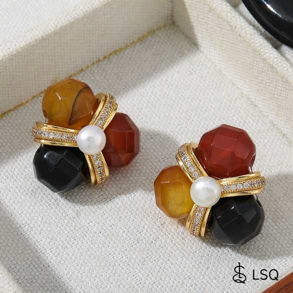 Wholesale Handmade Copper Flower Pattern Natural Stone Inlaid Zircon Palace Style Women's Earrings