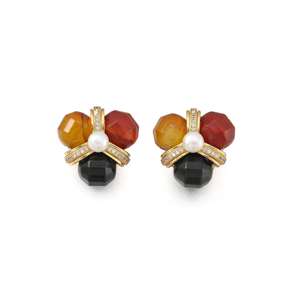 Wholesale Handmade Copper Flower Pattern Natural Stone Inlaid Zircon Palace Style Women's Earrings