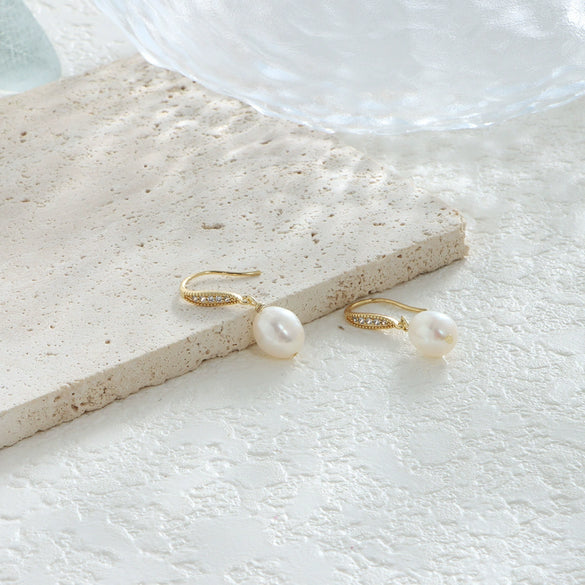 Wholesale Handmade Copper Freshwater Pearl Ear Hook Earrings With Diamonds Natural Style
