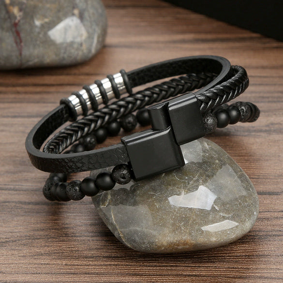 Wholesale Handmade Cowhide Braided Stainless Steel Geometric Bracelets For Men
