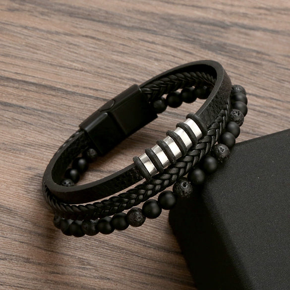Wholesale Handmade Cowhide Braided Stainless Steel Geometric Bracelets For Men