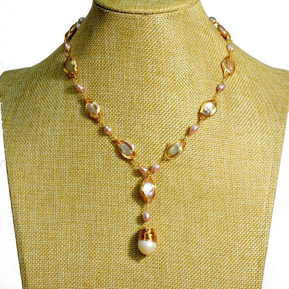 Wholesale Handmade Drop Shape Retro Pearl Long Necklace For Women With Metal And Water Wave Chain