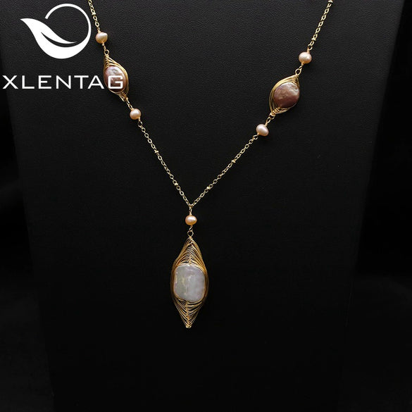Wholesale Handmade Drop Shape Retro Pearl Long Necklace For Women With Metal And Water Wave Chain