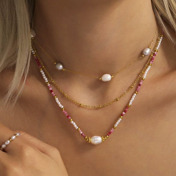 Wholesale Handmade Electroplated Geometric Stainless Steel Shell Beads Natural Stone Titanium Steel Necklace Unisex