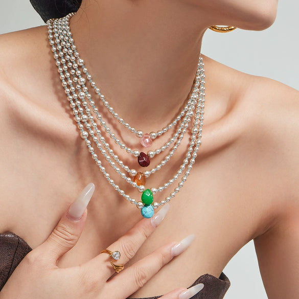 Wholesale Handmade Electroplated Stainless Steel Geometric Teardropshaped Agate Pendant Clavicle Chain Set For Women