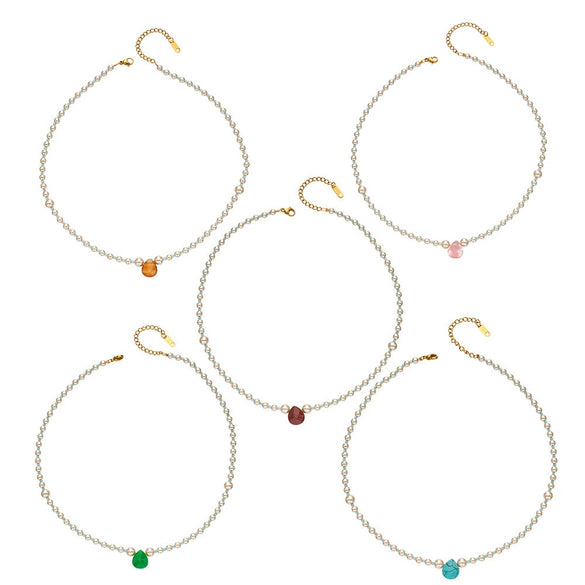 Wholesale Handmade Electroplated Stainless Steel Geometric Teardropshaped Agate Pendant Clavicle Chain Set For Women