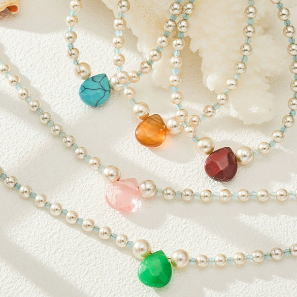 Wholesale Handmade Electroplated Stainless Steel Geometric Teardropshaped Agate Pendant Clavicle Chain Set For Women