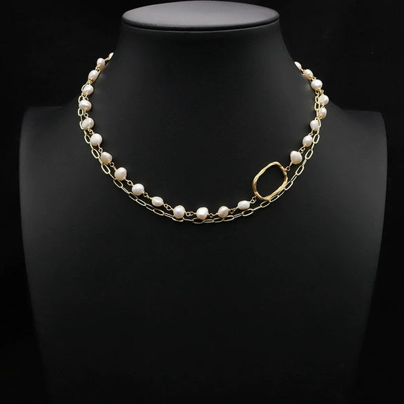 Wholesale Handmade Freshwater Pearl Multi Layer Clavicle And Sweater Chain With Geometric Pattern 925 Silver Retro Style Electroplated