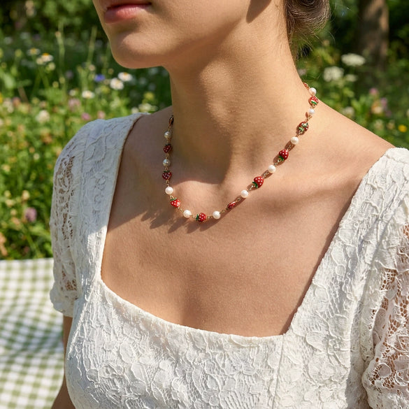 Wholesale Handmade Fruit Pattern Alloy Pendant Rice Beads Combination Chain Necklace For Women