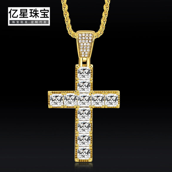 Wholesale Handmade Geometric Inlaid Zircon Copper Cross Necklace Hip Hop Jewelry