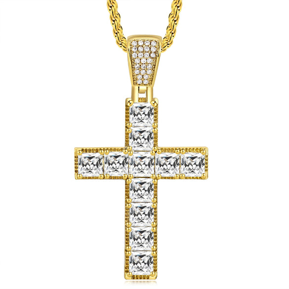 Wholesale Handmade Geometric Inlaid Zircon Copper Cross Necklace Hip Hop Jewelry