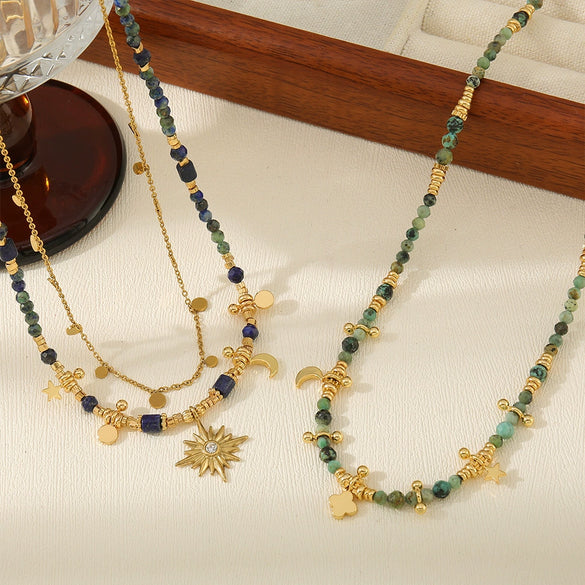 Wholesale Handmade Geometric Lapis Lazuli And Copper Pendant Clavicle Necklace For Women Bohemian Style