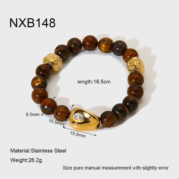 Wholesale Handmade Geometric Stainless Steel Beaded Bracelet With Tiger Eye Stone And Zircon For Women