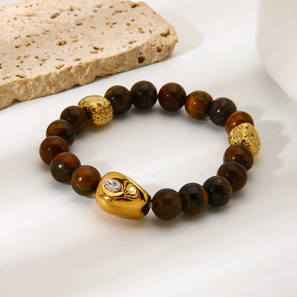 Wholesale Handmade Geometric Stainless Steel Beaded Bracelet With Tiger Eye Stone And Zircon For Women
