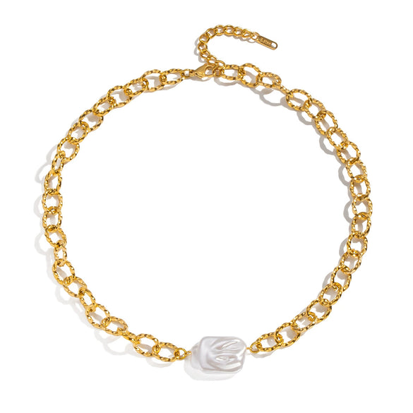 Wholesale Handmade Geometric Stainless Steel 18K Real Gold Plated Baroque Pearl Necklace For Women