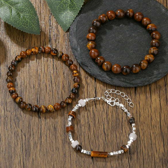 Wholesale Handmade Geometric Tiger Eye Stone And Black Gallstone Beaded Elastic Bracelet For Unisex