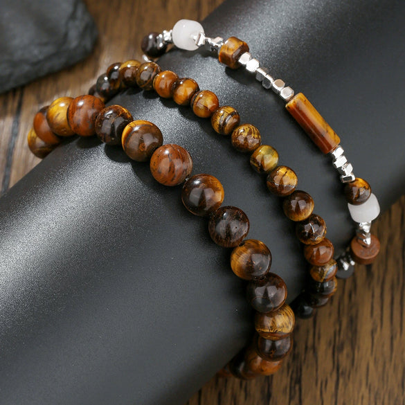 Wholesale Handmade Geometric Tiger Eye Stone And Black Gallstone Beaded Elastic Bracelet For Unisex