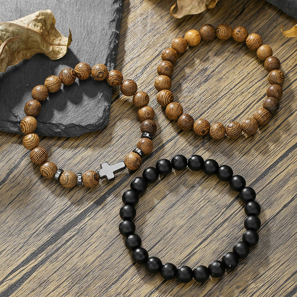 Wholesale Handmade Geometric Tiger Eye Stone And Black Gallstone Beaded Elastic Bracelet For Unisex