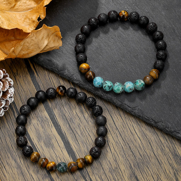 Wholesale Handmade Geometric Tiger Eye Stone And Black Gallstone Beaded Elastic Bracelet For Unisex