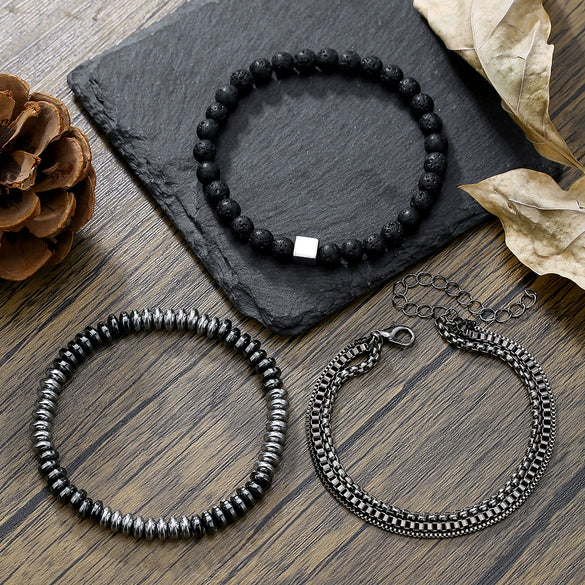 Wholesale Handmade Geometric Tiger Eye Stone And Black Gallstone Beaded Elastic Bracelet For Unisex