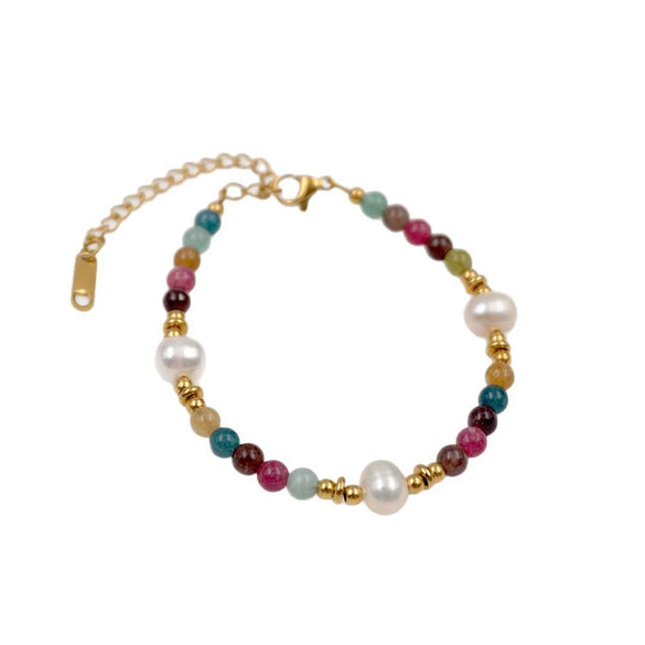 Wholesale Handmade Geometric Tourmaline Freshwater Pearl Titanium Steel Bracelet For Women