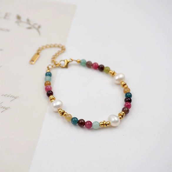 Wholesale Handmade Geometric Tourmaline Freshwater Pearl Titanium Steel Bracelet For Women