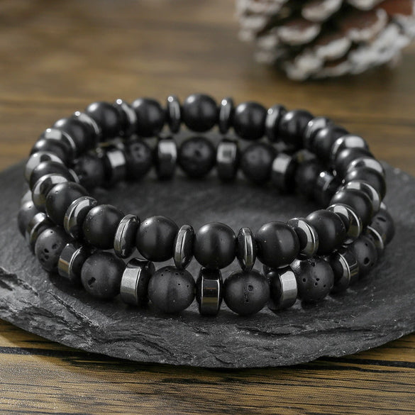 Wholesale Handmade Geometric Volcanic Stone Black Gallstone Beaded Elastic Unisex Bracelet