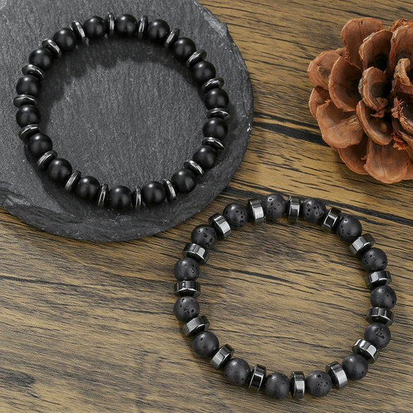 Wholesale Handmade Geometric Volcanic Stone Black Gallstone Beaded Elastic Unisex Bracelet
