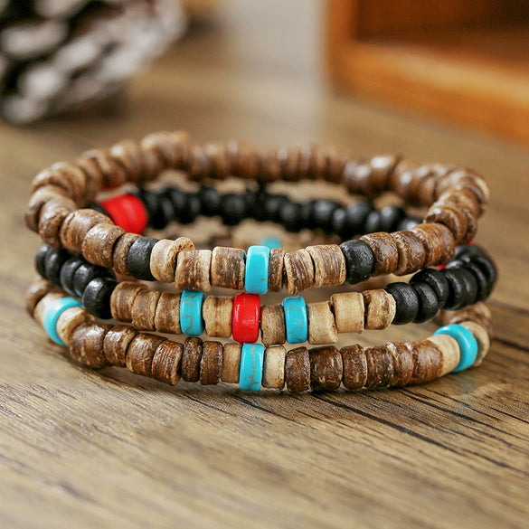 Wholesale Handmade Geometric Wood Coconut Shell Chip Multilayer Stacked Bracelet Set Unisex